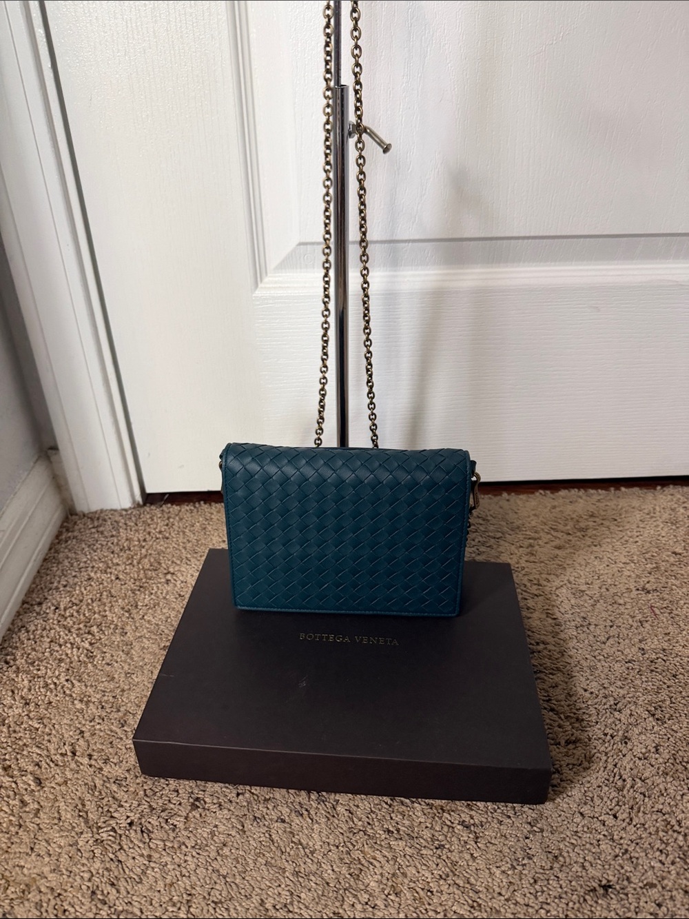 Bottega Veneta Teal Intrecciato Leather Crossbody with Chain Strap